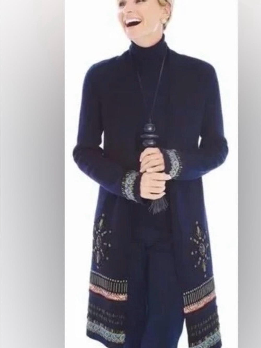 Chico’s Navy Embroidered Long Cardigan Sweater - Women's